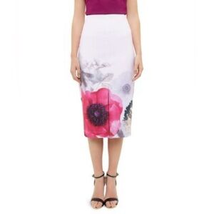 Ted Baker Geemey Neon Poppy Pencil Skirt Nude Pink Floral Print Women’s 8 Midi